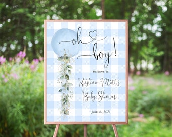 Puede incluir: Un cartel de baby shower a cuadros azules y blancos con un globo azul y vegetación. El cartel dice "¡Oh, niño! Bienvenidos a la fiesta de bienvenida al bebé de Kristina + Matt el 8 de junio de 2021."