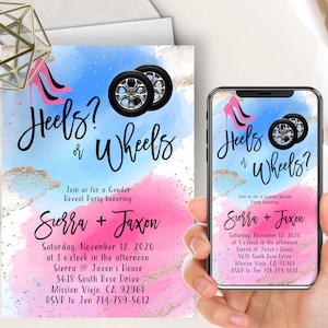 Räder oder Fersen Geschlecht offenbaren Telefon Evite + Printable einladen, rosa und blau Aquarell Spritzen, Junge oder Mädchen, offenbaren Party, er oder sie, Gold