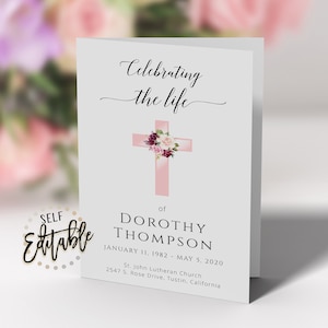 Celebrando el programa funerario Life, Pink Cross Marsala Floral, Blush Rose, Carta de EE. UU., Funeral, Servicio conmemorativo imprimible, En memoria amorosa