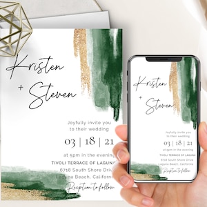 Grüne Aquarell Hochzeit Telefon Evite + druckbare Invite, Smaragdgrün und Gold Farbstriche, elektronisch digital, modern, minimalistisch