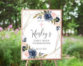 Pink Navy Floral Communion Welcome Sign, First Holy Communion, Blush Pink And Blue Floral Watercolor, Cross, Gold Frame, Girl, Template