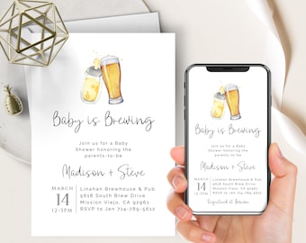 May include: A baby shower invitation with a watercolor illustration of two beer bottles. The text reads "Baby is Brewing" and includes the names "Madison + Steve" and the date "March 14".