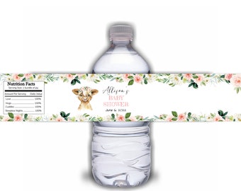 May include: Water bottle label with a floral design and a cute cartoon lamb wearing a pink flower crown. The label says "Allison's Baby Shower" and "June 6, 2022".