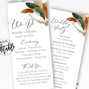 May include: A wedding ceremony program with a watercolor background in shades of green, brown, and gold. The text reads "We Do" with the names Kristen and Steven and the date August 24, 2021. The program lists the ceremony order, including the prelude, processional, readings, exchange of vows, exchange of rings, pronouncement, and recessional. It also includes a thank you message to guests.