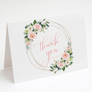 Modello di ringraziamento floreale rosa, cornice dorata, fiori rosa cipria, biglietto di ringraziamento pieghevole, prima comunione, battesimo, baby shower