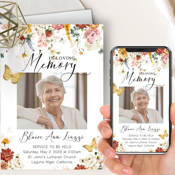Garden Floral Funeral Announcement, In Loving Memory, Boho Spring Fall Floral Watercolor, Photo Insert, Memorial Template, Funeral Evite