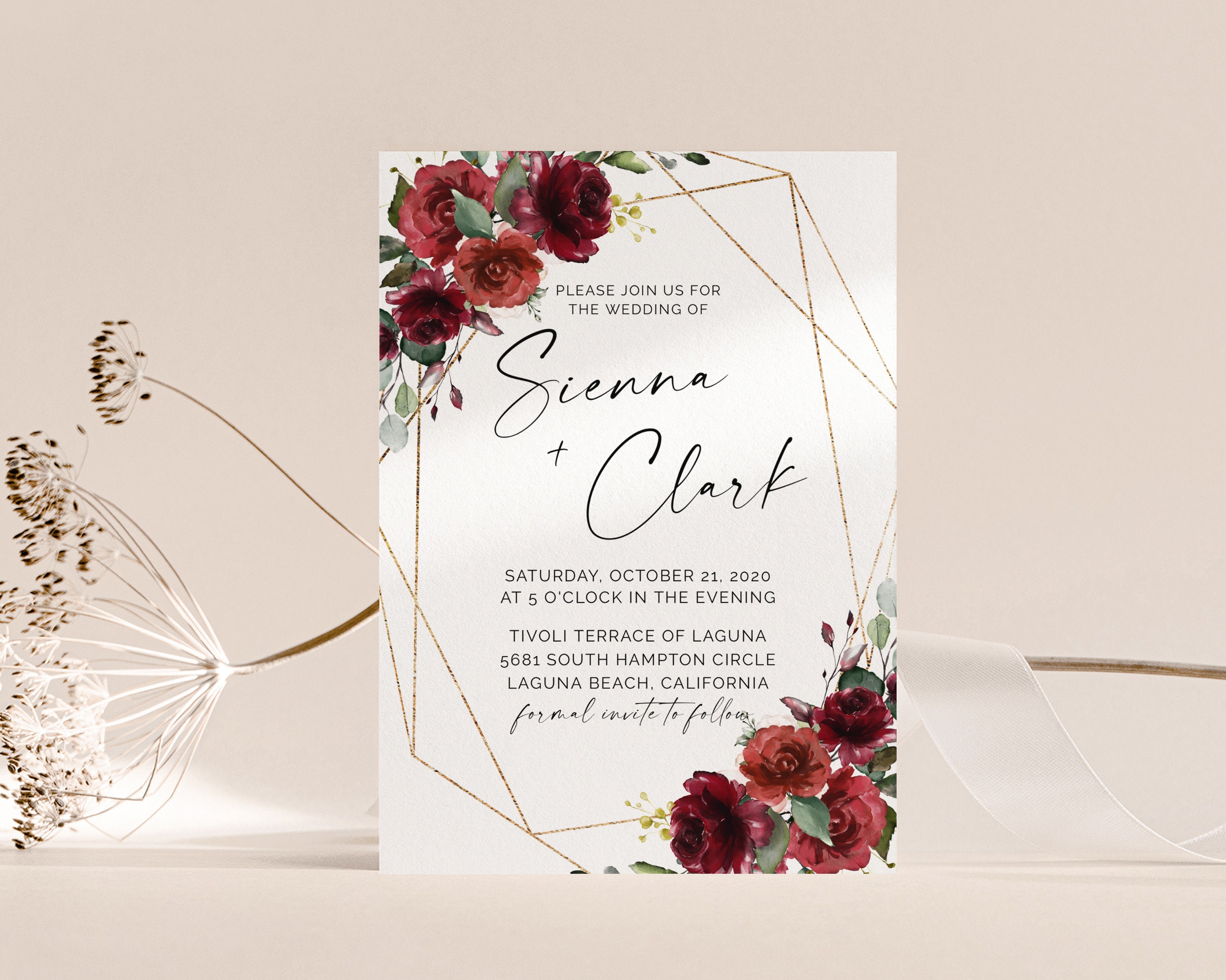 Invitación de boda con flores rojas, marco dorado con rosas rojas, conjunto  de invitaciones de boda románticas, plantilla de boda Marsala, acuarela  floral - Etsy México, image size:3000x2400