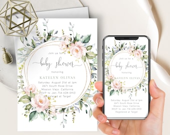 Może przedstawiać: Zaproszenie na baby shower z kwiatowym wzorem z różowych róż i zielonych liści. Zaproszenie zawiera tekst "Join us for a baby shower" oraz szczegóły wydarzenia, w tym imię, datę, godzinę i miejsce.