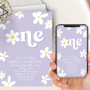 Invito per il primo compleanno con margherita retrò lavanda, margherite Boho viola, primavera estate, invito Groovy One Daisy, floreale, ragazza, fiore
