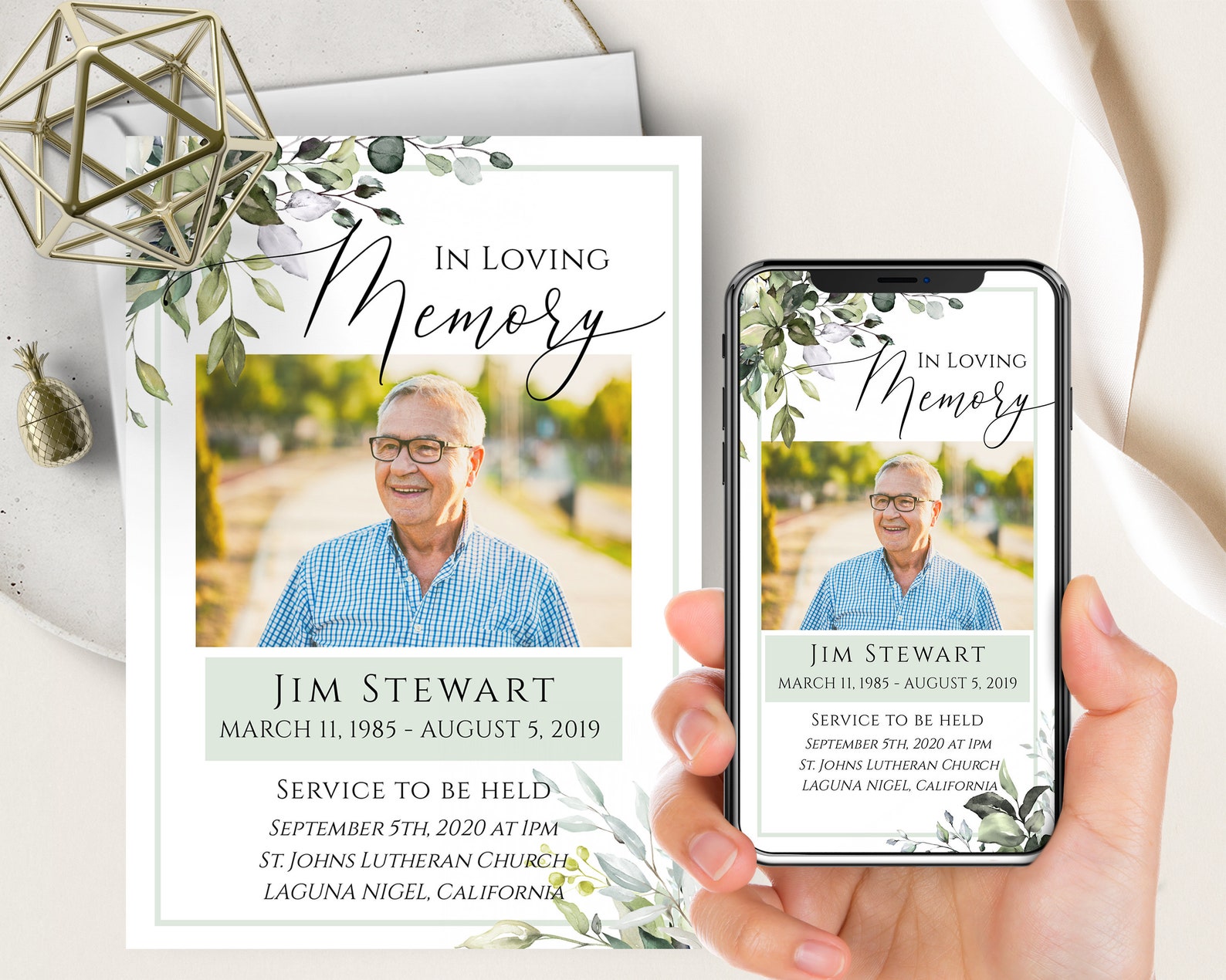 Greenery Memorial Announcement Evite+printable Invite, Sage Green ...