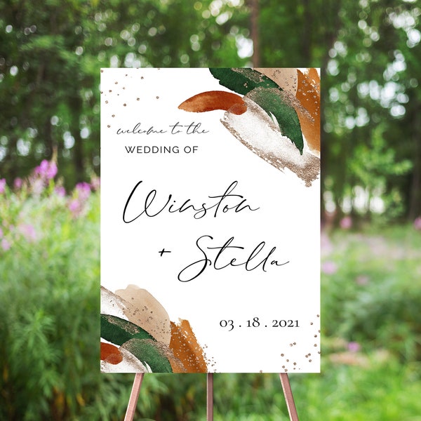 Emerald Green Wedding Welcome Sign, Terracotta Burnt Orange Gold Watercolor, Abstract Minimalist, Gold Glitter, Minimalism, Modern