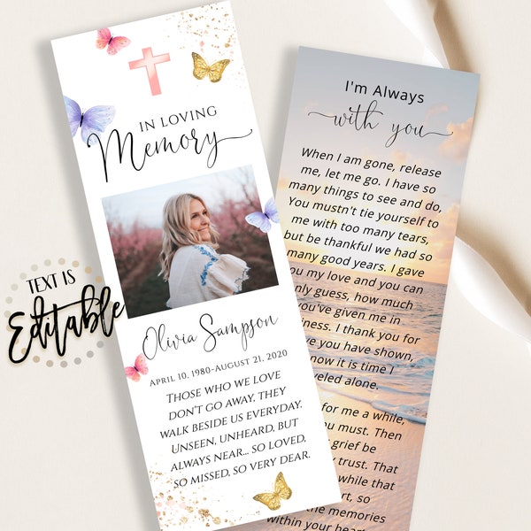 Butterfly Funeral Bookmark Template, Pink Purple Gold Butterflies, Celebration Of Life, Keepsake Cards, Memorial Card For Remembrance