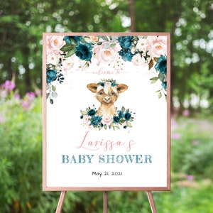 Highland Cow Baby Shower Welcome Sign, Baby Calf, Turquoise And Blush Pink Floral, Teal Blue Flowers, Farm Animals, Barnyard, Poster