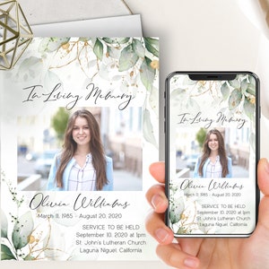 Gold Greenery Memorial Phone Evite+Printable Invite, In Loving Memory, Botanical Eucalyptus, Male or Female,Celebration of Life Announcement