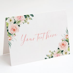 Cartão de etiqueta floral para alimentos e bebidas, cartão de colocação dobrável, aquarela floral rosa, cartão de lugar editável, cartão de barraca de comida dobrável, bebidas