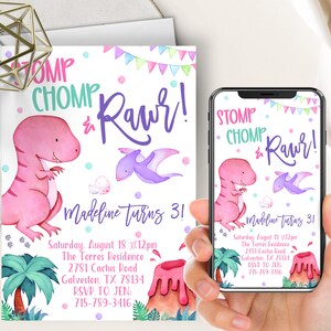 May include: A pink and purple dinosaur birthday party invitation with the text "Stomp Chomp & Rawr!" and "Madeline turns 3!" The invitation features a pink dinosaur, a purple dinosaur, a palm tree, and a volcano.