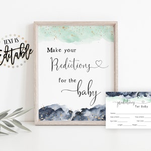 Mint en marineblauwe aquarel voorspellingen voor baby, jongen decor babyshower, gouden glitter, raad de vervaldatum, groen en marineblauw, geboortegewicht