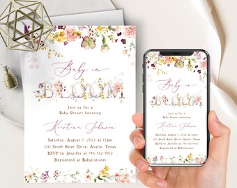 Baby In Bloom Telefon Evite+Utskrivbar inbjudan, Färgglada vårblommor, Blush Dusty Rose Vildblommor, Boho vårblommor, Baby Flicka, Lavendel