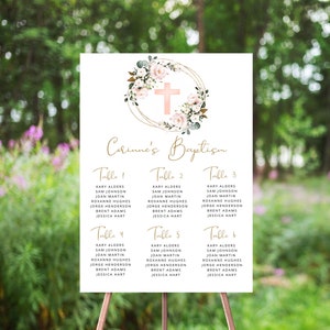 Stoelentabel roze bloemen doop, bewerkbaar bord bord, blos roze bloemen, gouden frame, roze kruis, tafelnummers, eerste communie