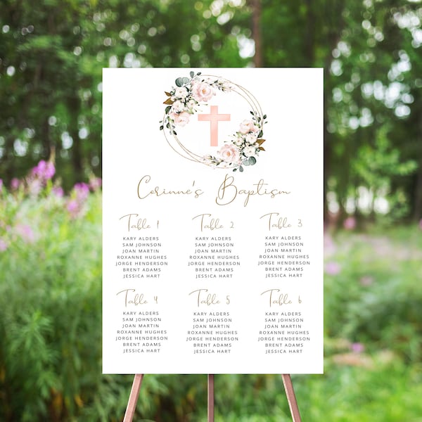 Pink Floral Baptism Seating Chart, Editable Seating Plan Sign, Blush Pink Flowers, Gold Frame, Pink Cross, Table Numbers, First Communion