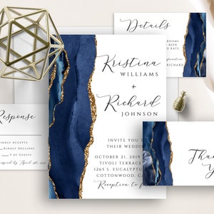 Navy Blue Watercolor Wedding Invitation Set, Agate Geode, Minimalism, Modern Calligraphy, Minimalist, Watercolor Splash, Navy Wedding, Gold