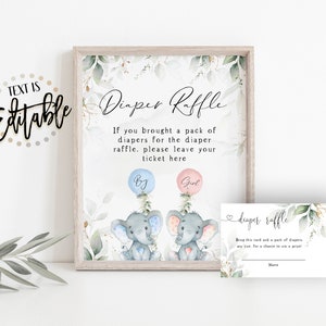 Tombola de couches d'éléphant + cartes, ballons aquarelles roses et bleus, verdure botanique d'eucalyptus doré, fête de révélation de genre, plantes grasses
