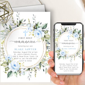 Blaue Blumen Kommunion Telefon Evite + druckbare Einladung, Erstkommunion, Botanisches Grün, Goldrahmen, 1., Junge, Blaue Rosen, Vorlage
