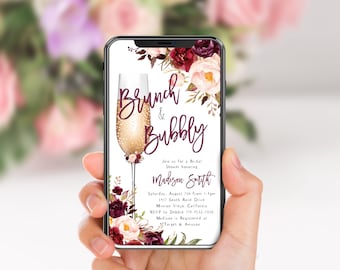 Marsala Floral Brunch And Bubbly Phone Evite, Bridal Shower Text Message Invite, Burgundy Merlot Red Plum Roses, Champagne Flute, Electronic