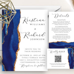 Royal Blue Watercolor Wedding Invitation Set, Agate Geode, Minimalism, Modern Calligraphy, Minimalist, Watercolor Splash, Blue Wedding, Gold