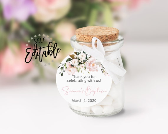 Pink Floral Baptism Gift Tag, Blush Pink Roses Party Favor tags, EDITABLE, DIY Printable Tags, Thank You, Communion, Dedication, Template
