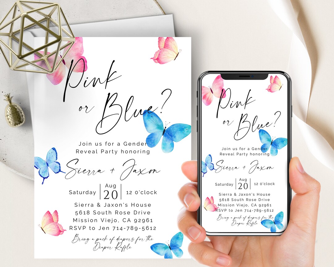 Butterfly Gender Reveal Phone Eviteprintable Invite, Pink or Blue, Boy