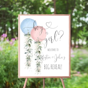 Gender Reveal Welcome Sign, 3 Sizes Included, Pink And Blue Watercolor Balloons, Botanical Eucalyptus Gold Greenery, Gender Reveal Party