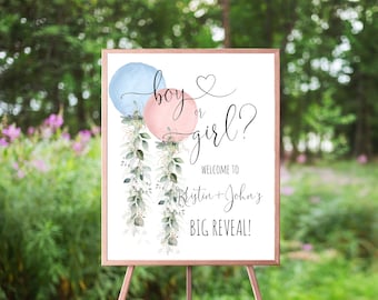 Gender Reveal Welcome Sign, 3 Sizes Included, Pink And Blue Watercolor Balloons, Botanical Eucalyptus Gold Greenery, Gender Reveal Party