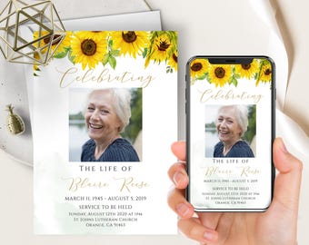Zonnebloemen Celebration Of Life Invite, begrafenisaankondiging voor vrouwen, Floral Evite + afdrukbare uitnodiging, gele bloemen