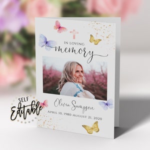 Butterfly Funeral Program, In Loving Memory, Pink Purple Gold Butterflies, Watercolor, US Letter Size, Memorial, Celebration Of Life