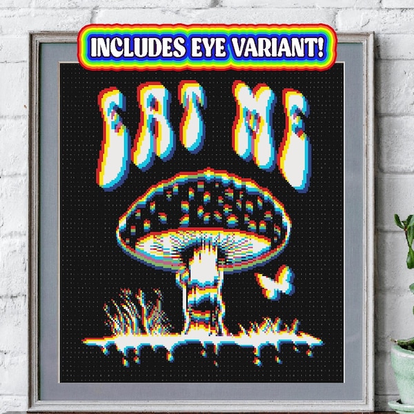 EAT ME - Cross Stitch Pdf Pattern, Glitch, distortion, black aida, trippy, mushroom, cross-stitch, psychedelic, download LSD