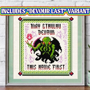 CTHULHU DEVOURS - Cross Stitch PDF Pattern, kutulu, lovecraft, Kawaii, Funny this home first design halloween horror chart dmc cryptid