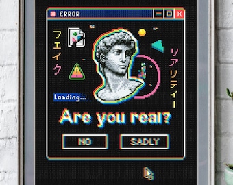 C A P T C H A - Cross Stitch Pdf Pattern, Glitch, vaporwave, distortion, greek, mythology, black aida, trippy, download glitchy, bust, David