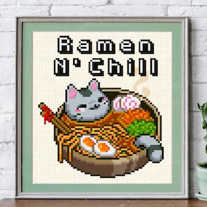 RAMEN N CHILL - Cross Stitch PDF Pattern, ramen cat, Kawaii, Funny cross-stitch design, instant download cute japan chart dmc Pixel Art