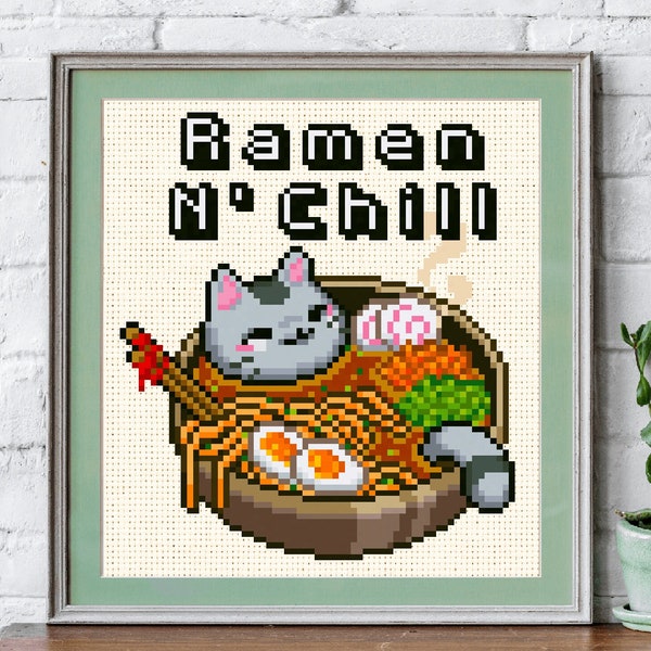 RAMEN N CHILL - Cross Stitch PDF Pattern, chat ramen, Kawaii, conception drôle de point de croix, téléchargement instantané mignon tableau japonais dmc Pixel Art