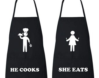 Set of Fun | He Cooks She Eats | His and Hers | Chef | Matching Couples | Apron |Gift | 2pcs