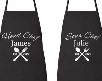 Matching Couples Aprons Set, Chef & Sous Chef Aprons, Personalized Mr and Mrs Aprons, Couples Apron Set, Wedding Gift, Newlywed, Anniversary