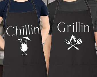 Matching Couples Aprons Set, Chillin and Grillin Aprons, Mr and Mrs Aprons, Couples Apron Set, Wedding Gift, Newlywed, Anniversary Gift