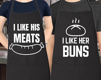 Matching Couples Aprons Set, His Meat & Her Buns Aprons Set, Mr and Mrs Aprons, Couples Apron Set, Wedding Gift, Newlywed, Anniversary, Home