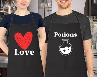 Matching Couples Aprons Set, Love and Potions Aprons Set, Mr and Mrs Aprons, Couples Apron Set, Wedding Gift, Newlywed, Anniversary, Home