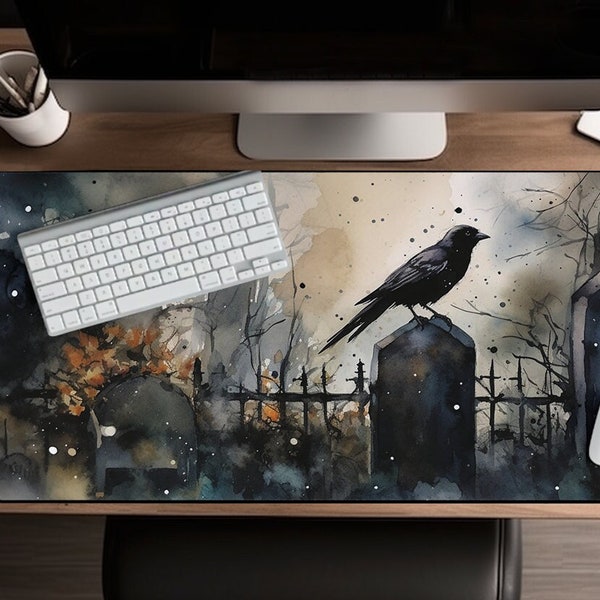 Gothic Cemetery Crow Horror Aesthetic,  Mouse Pad, Dark Noir Mousepad, Gothic Desk Mat, big gaming mouse pad XXL, Scary Desk Mat, Graveyard