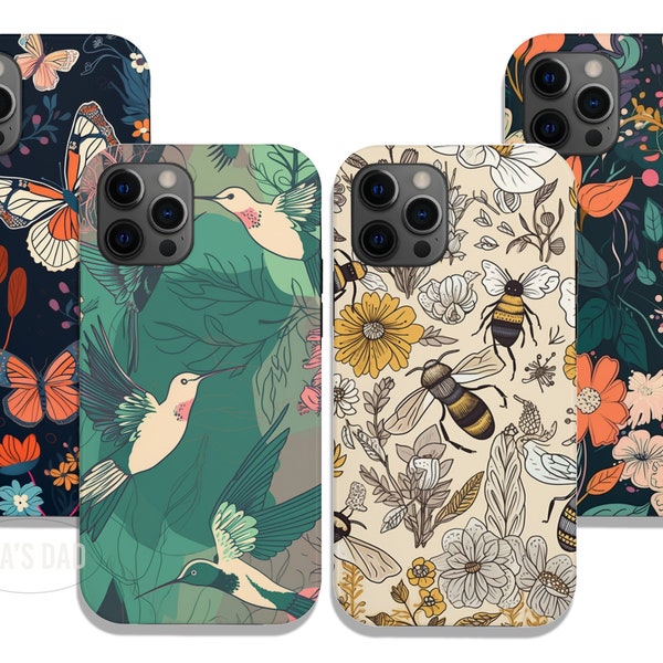 Aesthetic Floral Phone Tough Case Boho Cover for, iPhone Case, Samsung Galaxy Case, iPhone 13 Pro Case, iPhone 14 Pro Case, Bees, Birds