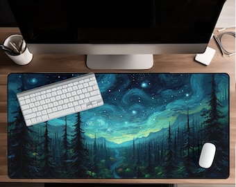 Celestial Starry Forest Schreibtischunterlage, Berge, blaue Sternennacht, große Schreibtischunterlage, Nachtlandschaft, Gaming, hochwertige Fantasy-Mausunterlage, groß