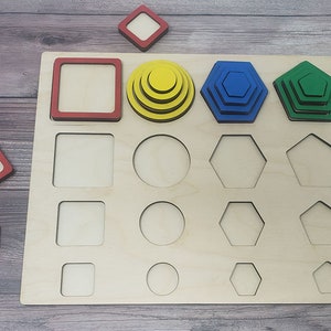 Grote tot kleine houten vorm puzzel Vorm sorteren Stapelen speelgoed Vierkant, Cirkel, Zeshoek, Vijfhoek Educatieve Houten Montessori Geschenk afbeelding 2