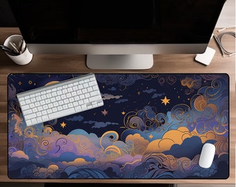 Celestial Schreibtischmatte - Astrologie, Mond Sterne, Sternzeichen, großes Mousepad, Ästhetische Nachtlandschaft, Gaming, hochwertige Fantasy-Mausunterlage